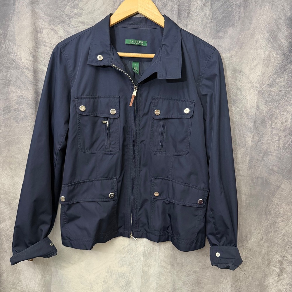 Lauren Ralph Lauren Navy Utility Jacket Womens L Full Zip Cargo Safari Preppy